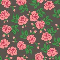 Vintage pattern with pink roses and leaves on brown background. Retro flowers pattern vector