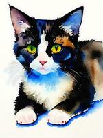 cute cat on white background, watercolor style photo