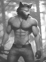 black and white of wolf man in the dark forest photo
