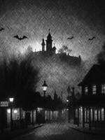 silhouette of a halloween town in a night city photo