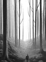 black and white of man in the forest photo