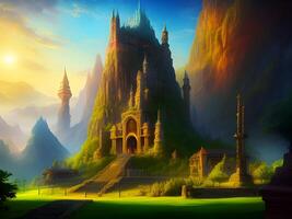 fantasy landscape with mountain view background photo