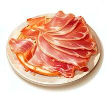 Slices of appetizing jamon is shown on a white background AI Generative photo