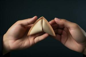 Fortune cookies in hands. Lucky biscuit with blank paper for message inside AI Generative photo