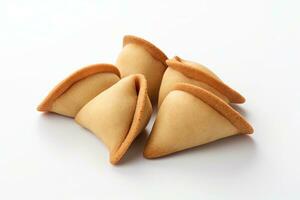 Fortune cookies on a white background. Lucky biscuit with blank paper for message inside AI Generative photo