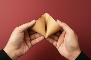 Fortune cookies in hands. Lucky biscuit with blank paper for message inside AI Generative photo