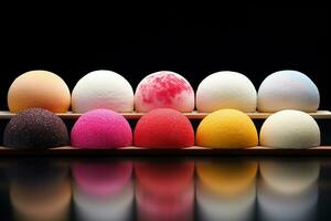 Colorful Mochi Ice Cream. Mochi Japanese dessert on black background AI Generative photo