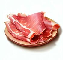 Slices of appetizing jamon is shown on a white background AI Generative photo