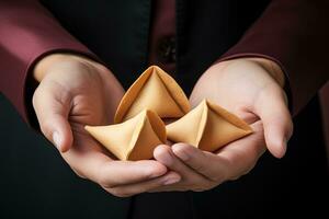 Fortune cookies in hands. Lucky biscuit with blank paper for message inside AI Generative photo