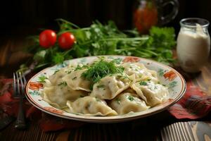 Homemade Ukrainian traditional dish dumplings. AI Generative photo