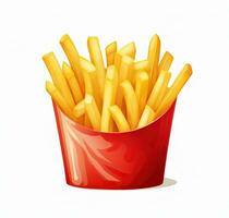 French fries in a red paper box isolated on white background. Front view AI Generative. photo