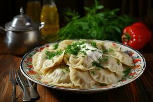 Homemade Ukrainian traditional dish dumplings. AI Generative photo