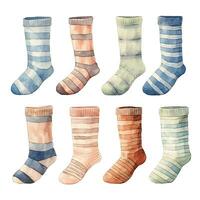 watercolor drawing, set of knitted striped socks. cute illustration in vintage style. cozy fall socks. photo