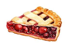 watercolor drawing, piece of cherry pie. classic berry pie, illustration in vintage style. clipart photo