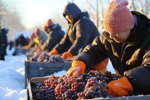 Braving extreme chill dedicated workers harvest grapes for ice wine photo