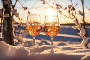 Crystal goblets catching light as ice wine pours in snowy backdrop photo