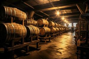 Rustic cellar storing traditional ice wine barrels in chilly ambiance photo