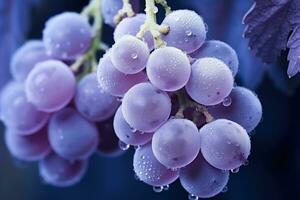 Intricate macro photography of ice crystals on grapes background with empty space for text photo