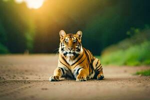 un Tigre sentado en el la carretera en el medio de el bosque. generado por ai foto