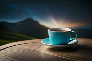 a cup of coffee on a table in the mountains. AI-Generated photo