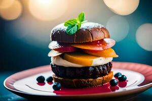 a burger with fruit and ice cream on a plate. AI-Generated photo