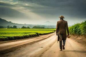 a man in a hat walks down a dirt road. AI-Generated photo