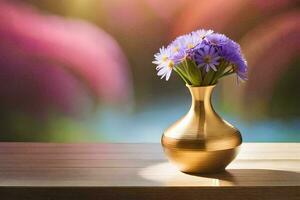 a vase with purple flowers on a table. AI-Generated photo