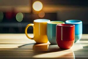 colorful coffee cups on a wooden table. AI-Generated photo