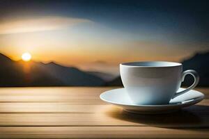 a cup of coffee on a wooden table with mountains in the background. AI-Generated photo