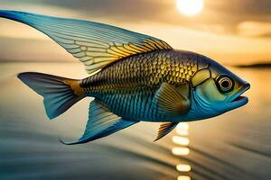 un pescado con un amarillo y azul cuerpo es volador terminado el agua. generado por ai foto