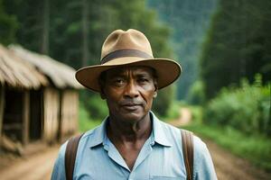 a man in a hat standing on a dirt road. AI-Generated photo