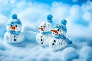 three snowmen in blue and white knitted hats. AI-Generated photo