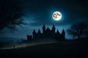 un castillo en el oscuro con un lleno Luna. generado por ai foto