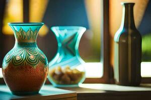 three vases are sitting on a table near a window. AI-Generated photo