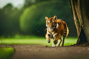 a tiger running on a path in the forest. AI-Generated photo