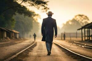 un hombre en un traje y sombrero caminando abajo un ferrocarril pista. generado por ai foto