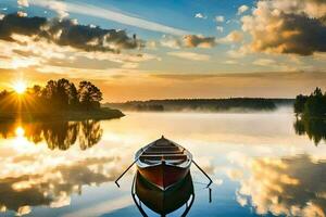 a boat is floating on the calm water at sunset. AI-Generated photo
