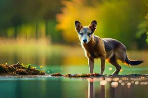 a dog standing on the edge of a lake. AI-Generated photo