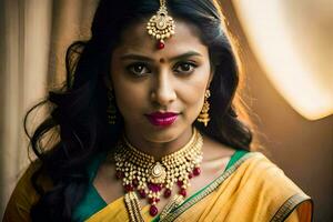 a beautiful indian woman wearing a yellow sari and gold jewelry. AI-Generated photo