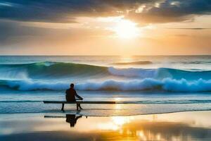 un hombre se sienta en un banco con vista a el Oceano a puesta de sol. generado por ai foto