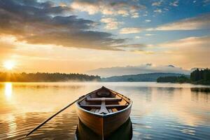 un barco en el lago a puesta de sol. generado por ai foto