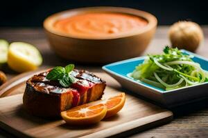 a plate with a piece of meat, vegetables and a bowl of soup. AI-Generated photo