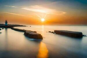 a lighthouse at sunset in the ocean with rocks in the foreground. AI-Generated photo