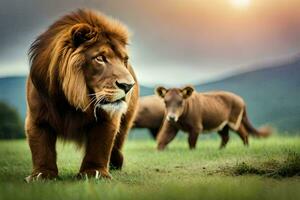 león y dos cachorros en el campo. generado por ai foto