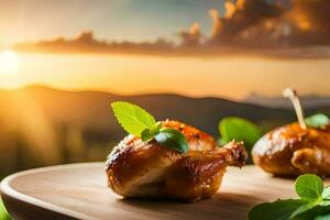 chicken wings on a wooden board with a sunset in the background. AI-Generated photo