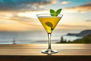 cocktail on a wooden table with sea in the background. AI-Generated photo