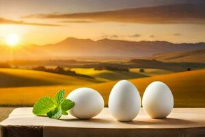 three eggs on a wooden table with a sunset in the background. AI-Generated photo