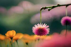 un flor es colgando desde un rama en un campo. generado por ai foto