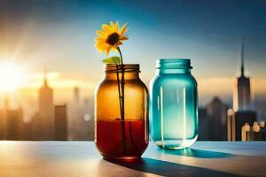 two colorful glass jars with sunflowers on the table in front of a city skyline. AI-Generated photo