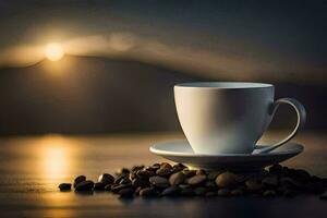 coffee beans on the table, the sun, the mountains, the sky, the coffee,. AI-Generated photo